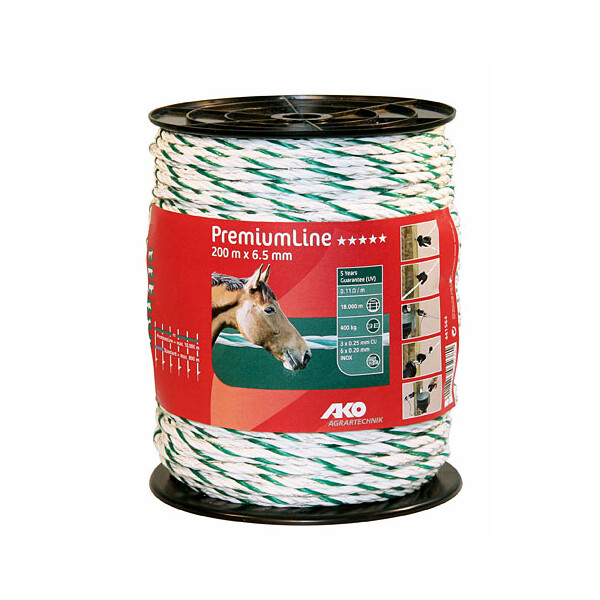 PremiumLine Fencing Rope 200m, 6,5mm, white-green